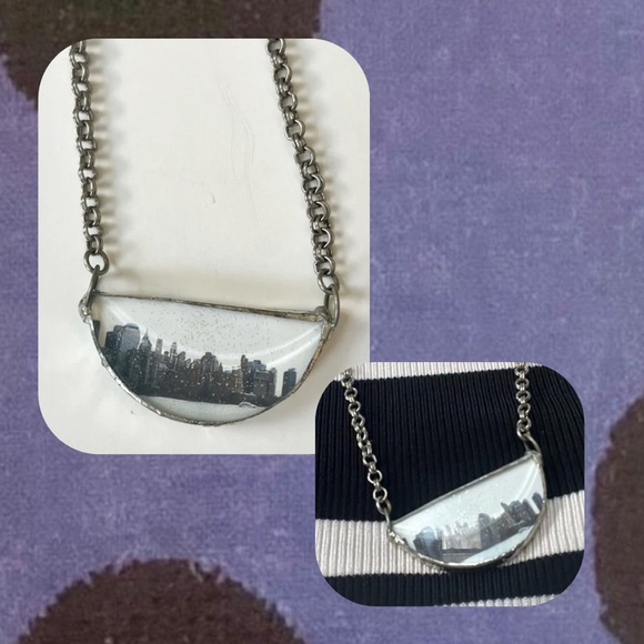 handmade shimmery silver necklace with map & city landscape - Picture 4 of 11